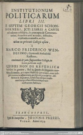 M. Frid. Wendelini Institutionum politicarum lib. 3