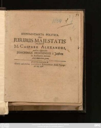 Hypomnemata Politica De Iuribus Maiestatis
