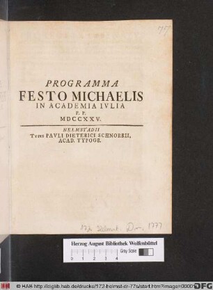 Programma Festo Michaelis In Academia Ivlia P. P. MDCCXXV
