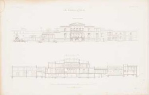 Villa Eichborn, Breslau: Ansicht von der Gartenseite, Längsschnitt P Q (aus: Atlas zur Zeitschrift für Bauwesen, hrsg. v. G. Erbkam, Jg. 7, 1857)