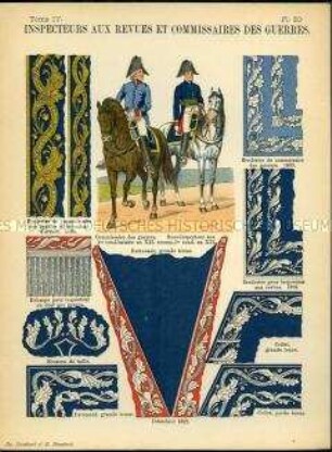 Uniformdarstellung, Militärbeamte, Detailstudien von Bortenverzierungen des Kriegskommissariats, der Militärinspektion und der Heeresverwaltung, Frankreich, 1786/1822.