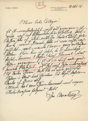 Korrespondenz von Clara Viebig an Unbekannt