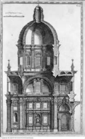 Della trasportatione dell'obelisco Vaticano et delle fabriche di Nostro Signore Papa Sisto V. / fatte dal Cavallier Domenico Fontana. Libro Primo, Folio 46: Cappella Sistina in Santa Maria Maggiore, Querschnitt, Ostwand
