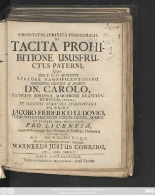 Dissertatio Juridica Inauguralis, De Tacita Prohibitione Ususfructus Paterni