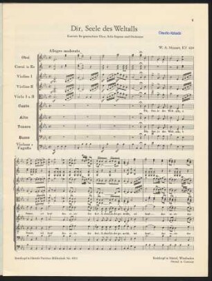 Dir, Seele des Weltalls : Kantate für gemischten Chor, Solo-Sopran und Orchester : KV 429