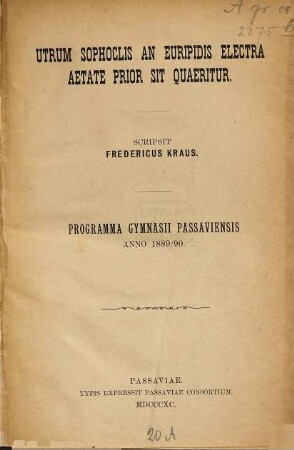 Utrum Sophoclis an Euripidis Electra aetate prior sit quaeritur