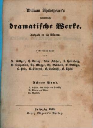 William Shakspeare's sämmtliche dramatische Werke, 8. Band