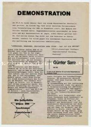 Flugblatt mit Demonstrationsaufruf eines linken Bürgerbündnisses in Freiburg anlässlich des Todes von Günther Sare