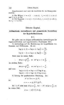 Zehntes Kapitel. Arithmetische Anwendungen und geometrische Darstellung der Hyperbelfunktionen.