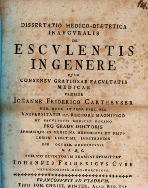 Dissertatio Medico-Diætetica Inavgvralis De Escvlentis in Genere