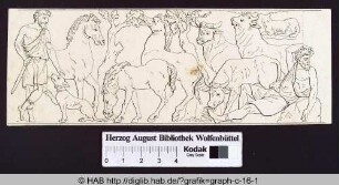 Darstellung eines Wandreliefs mit Hirten, Pferden, Ochsen, Hund