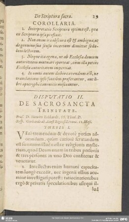 Disputatio II. De Sacrosancta Trinitate