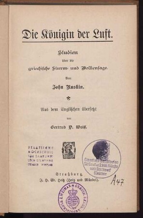 Die Königin der Luft : Studien über die griechische Sturm- und Wolkensage