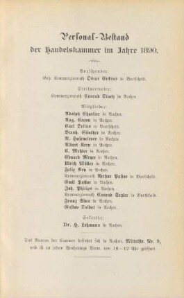 Personalbestand der Handelskammer im Jahre 1890.