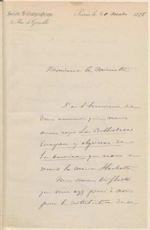 [Carta de agradecimiento a Vicente Quesada en francés, París, 20 de mayo de 1878] : Société Bibliographique