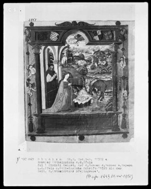 Brevier Ottheinrichs von der Pfalz — Christi Geburt, im Hintergrund Verkündigung an die Hirten