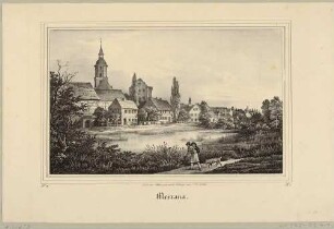Stadtansicht von Meerane in Sachsen mit der Stadtkirche St. Martin, aus der Zeitschrift Saxonia 4. Band 1839