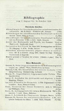 Bibliographie vom 1. August bis 15. October 1858.