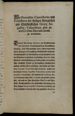 Gedruckter Anschlag zur Übereinkunft mit der Universität Helmstedt, die gegenseitigen Ablehnung und Informierung der mit Relegation oder Consilium Abeundi belegten Studierenden betreffend.