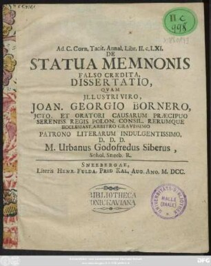 Ad C. Corn. Tacit. Annal. Libr. II. c. LXI. De Statua Memnonis Falso Credita, Dissertatio