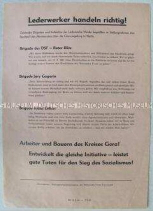 Propagandaflugblatt der Nationalen Front mit Stellungnahmen von Betriebskollektiven zum "Mauerbau"