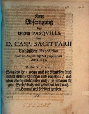 Kurtze Abfertigung des schnöden Pasquills von D. Casp. Sagittarii Leipzigischer Expedition