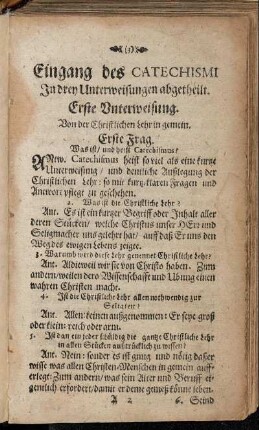 Eingang des Catechismi In drey Unterweisungen abgetheilt.