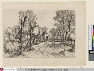 [Farms, man and woman bearing a pitcher; Bauernhöfe, davor ein Paar]