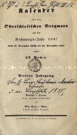 Taschenbuch für den Bergmann. 4. Jg. 1847