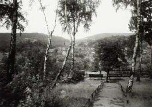 Greiz, Stadtansicht : Greiz. Stadtansicht mit Stadtkirche und Oberem Schloss von der Aussicht auf dem Hainberg von Südosten