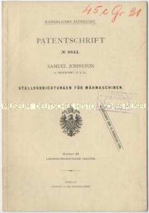 Patentschrift einer Stellvorrichtung für Mähmaschinen, Patent-Nr. 8844