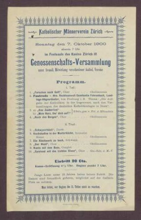 Programm der Genossenschaftsversammlung des Katholischen Männervereins Zürich
