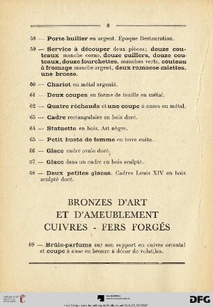Bronzes d'art et d'ameublement - Cuivres - Fers forgés (Nr. 69-116)