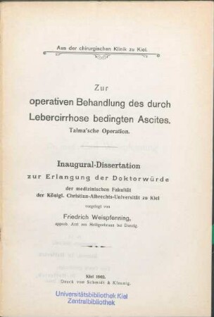 Zur operativen Behandlung des durch Lebercirrhose bedingten Ascites : Talma'sche Operation