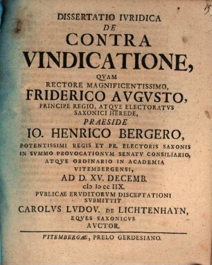 Dissertatio Iuridica De Contra Vindicatione