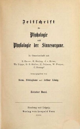 Zeitschrift für Psychologie und Physiologie der Sinnesorgane, 10. 1896