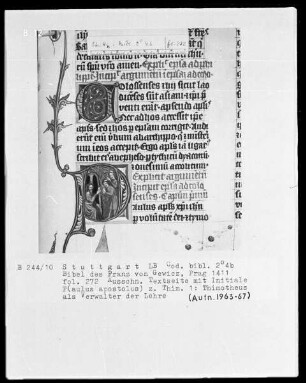 Lateinische Bibel in zwei Bänden für Franz von Gewicz — Initiale P (aulus apls) mit Timotheus als Verwalter der Lehre, Folio 272recto