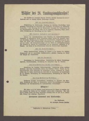 Flugblatt: "Wähler des 26. Wahlkreises! Der Kandidat...Hermann Hummel aus Karlsruhe." Wahlkomitee der vereinigten liberalen Parteien, 1913, Buchdruckerei L. Schönenberger, Triberg