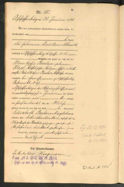 Standesamtsbuch der Stadt Aschaffenburg: Geburten 365/1900 - 184/1901