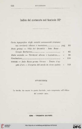 Indice del contenuto nel fascicolo III°