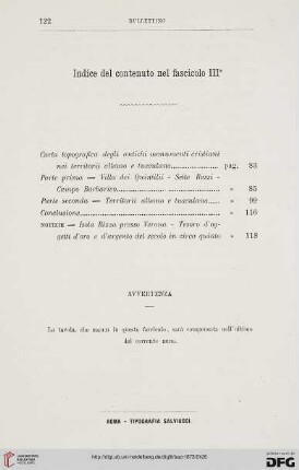 Indice del contenuto nel fascicolo III°