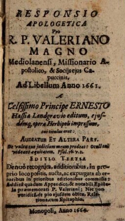 Responsio apologetica pro Valeriano Magno : ad libellum anno 1661 a ... Principe Ernesto Hassiae Landgravio editum