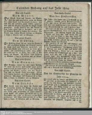 Calender-Anhang auf das Jahr 1804