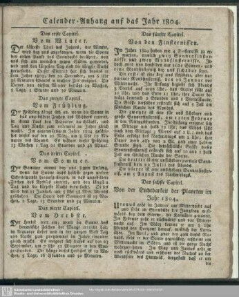 Calender-Anhang auf das Jahr 1804