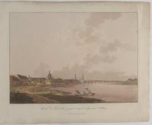 Ansicht von Dresden vom Elbhang mit Holzhof, Frauenkirche Hofkirche und Augustusbrücke, Umrissradierung, 1810 : Vue de Dresde prise sur le rivage dit vulgairement l´Elbberg / Nature par Wizani le jeune - Dresden : C. G. Schultze , [um 1810]. - 1 Kunstbl. : kolor. Umrissradierung ; 64 x 46 cm