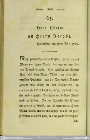 65. Herr Gleim an Herrn Jacobi. Halberstadt den 17ten Febr. 1768