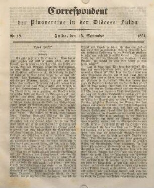 Nr. 18. Fulda, den 15. September 1851.