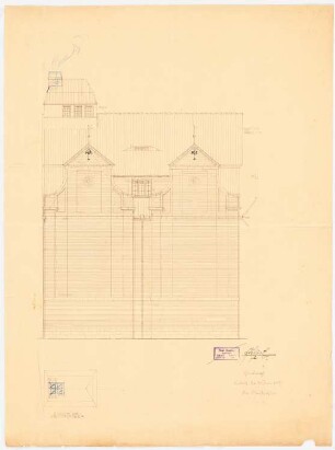 Wohn- und Geschäftshaus Breite Straße 1 - 5, Lübeck: Aufriss Rückansicht (Ostseite) (ohne Maßstab); Draufsicht auf Schornstein mit Dachstube (ohne Maßstab)