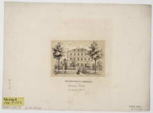 Ansicht des Gebäudes für den Frauenschutz in Dresden (gegr. v. Amalie Marschner), Lithographie, 1853 : Frauenschutz in Dresden. - [S.l.] , [1853]. - 1 Kunstbl. : mehrfarb. Lithogr. ; 12 x 8 cm