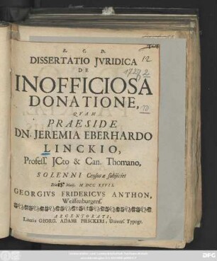 Dissertatio Juridica De Inofficiosa Donatione
